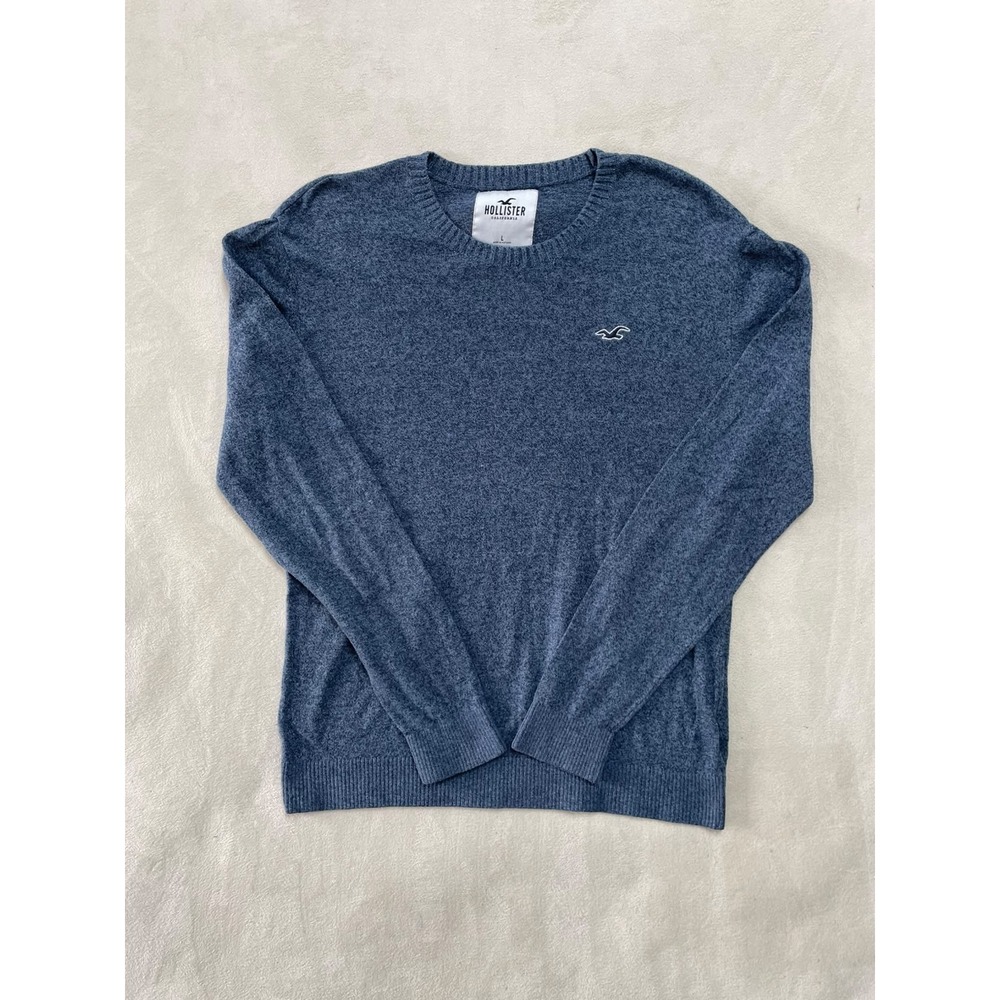 Hollister Mens Crewneck Sweater Blue Heathered Seagull Logo Pullover Large